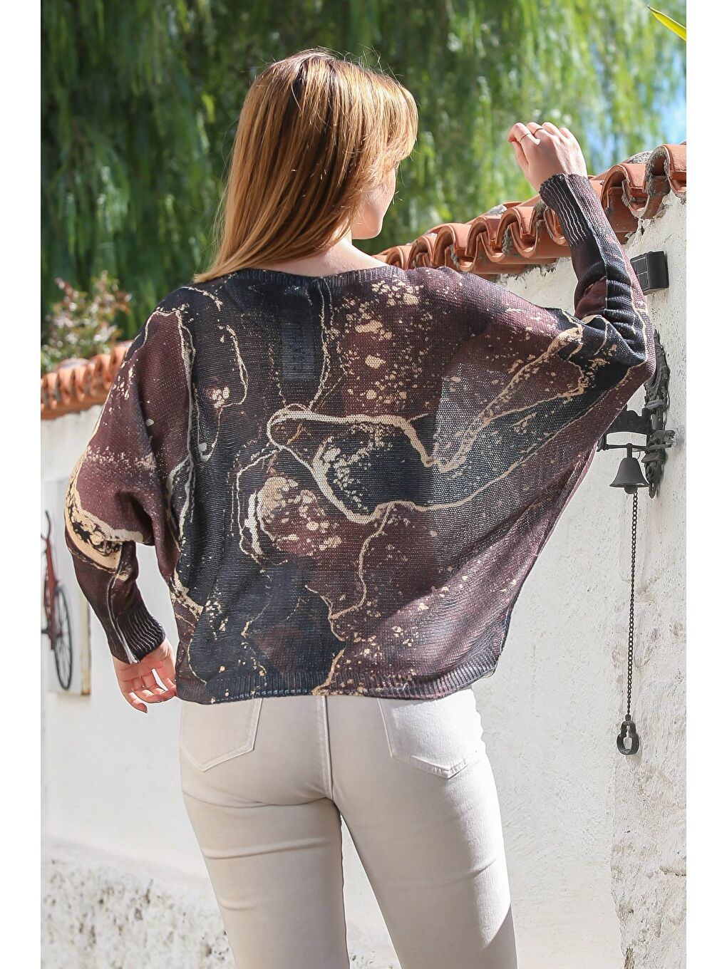Bej İtalyan Kahve-Antrasit V Yaka Yarasa Kol Dijital Baskılı Casual Triko Bluz 65 70-6