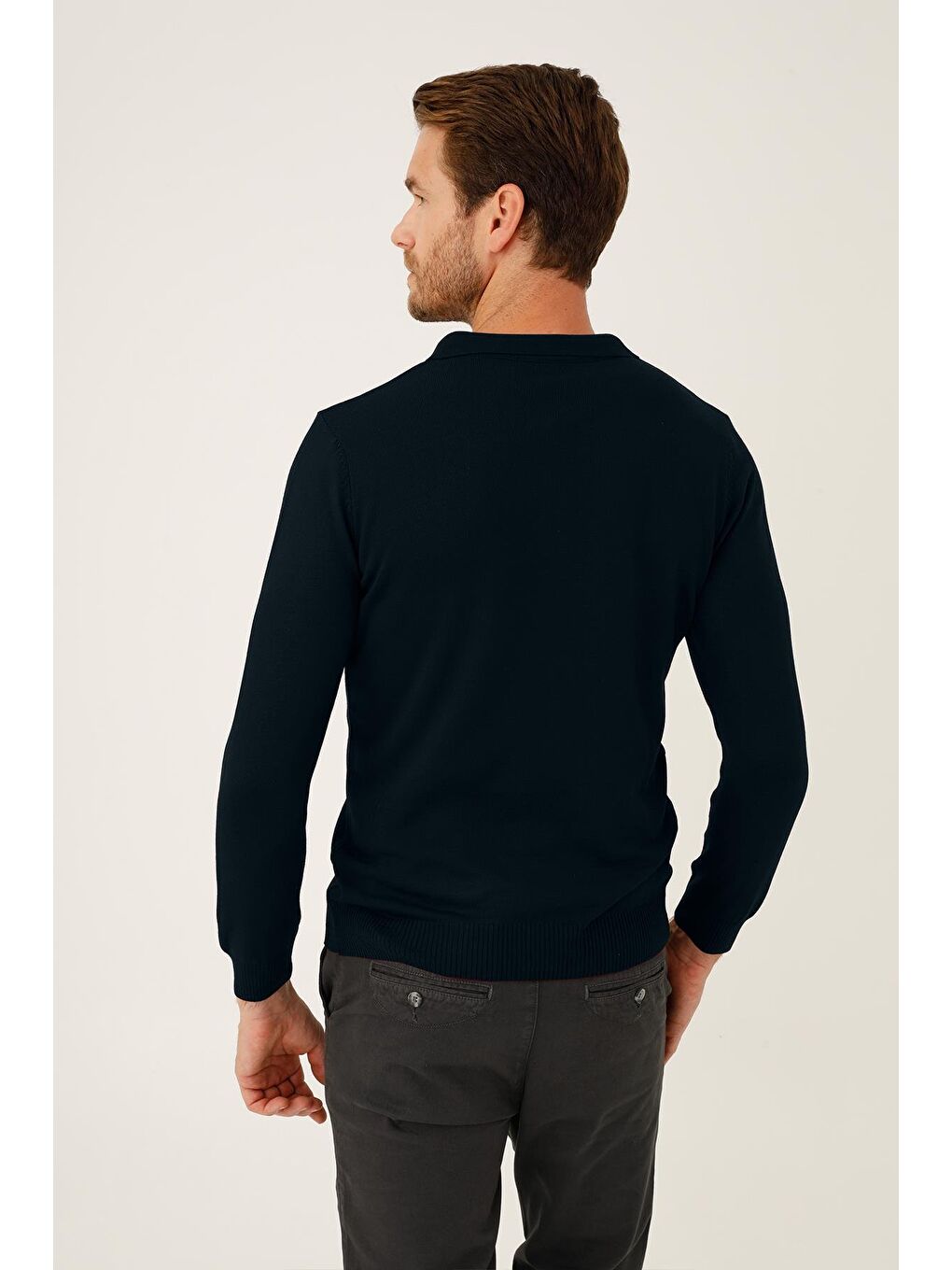 Lacivert Dar Kalıp Polo Yaka Düz Uzun Kollu Triko-1