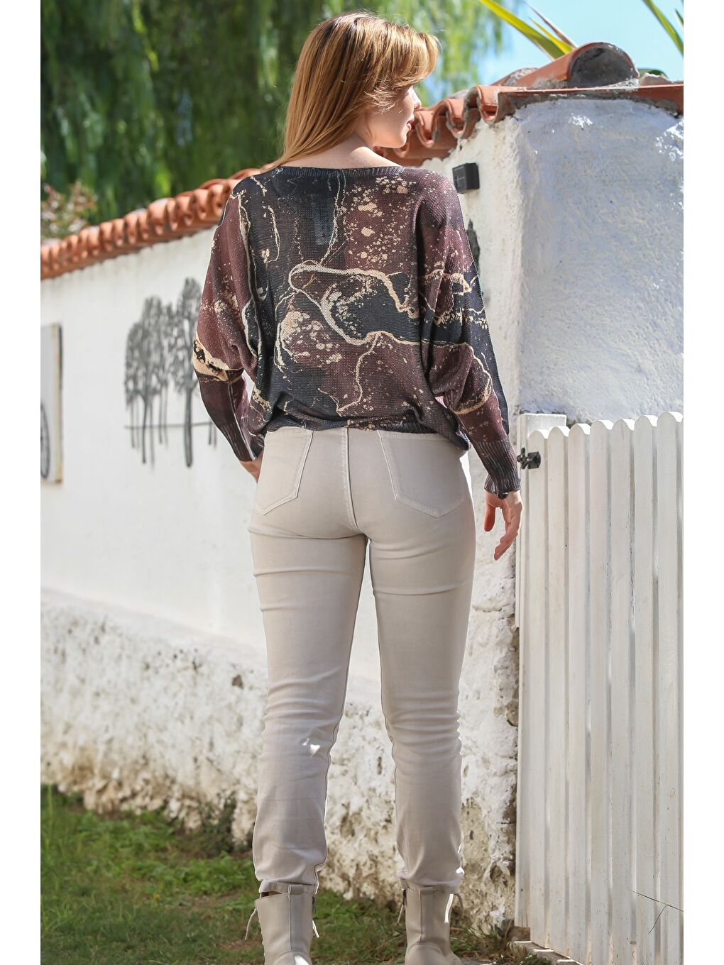 Bej İtalyan Kahve-Antrasit V Yaka Yarasa Kol Dijital Baskılı Casual Triko Bluz 65 70-7