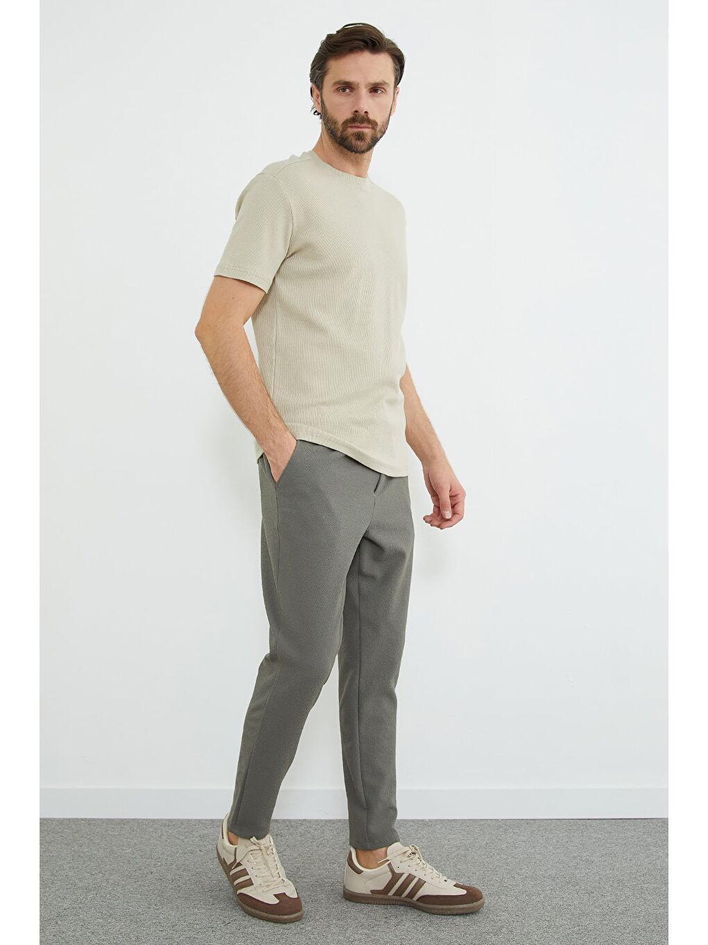 Haki Beli Bağlamalı Dokulu Pantolon