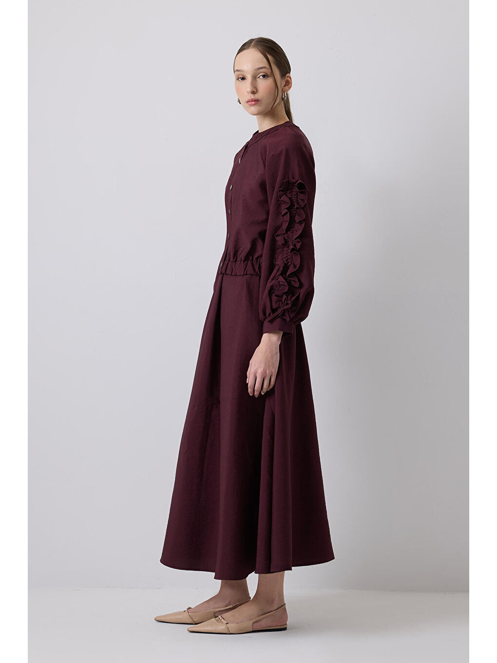 Bordo Kolları Büzgülü Ceket Elbise Takım-2