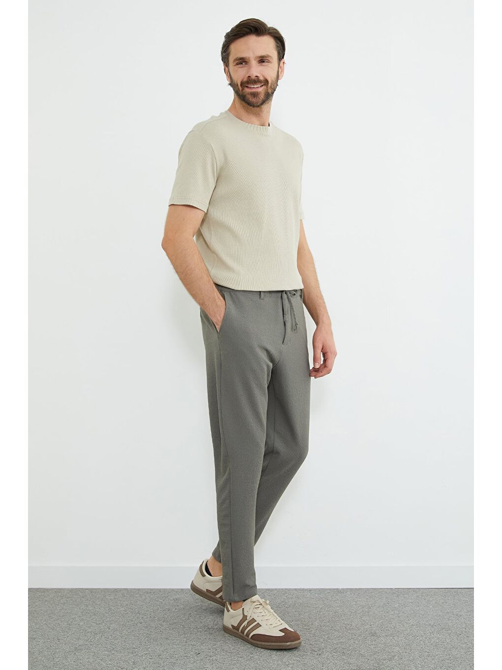 Haki Beli Bağlamalı Dokulu Pantolon-2