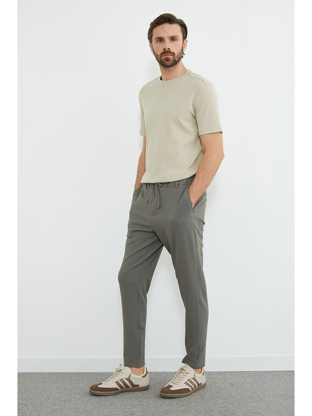 Haki Beli Bağlamalı Dokulu Pantolon-3