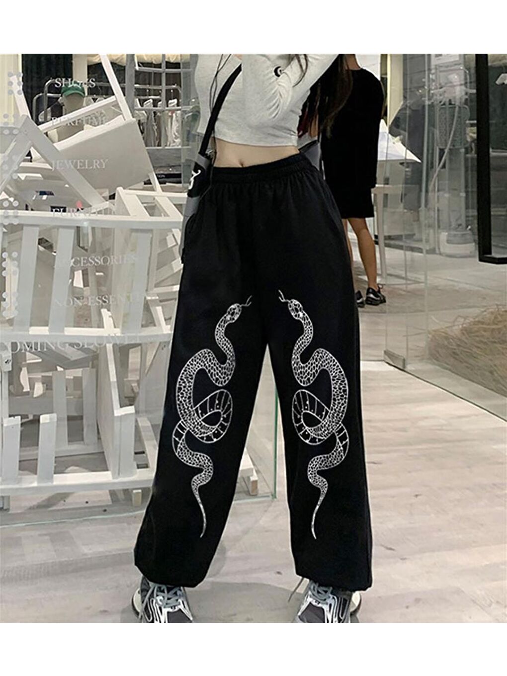 Touz Moda Siyah Gothic Snake Baskılı Oversize Unisex Siyah Eşofman Altı