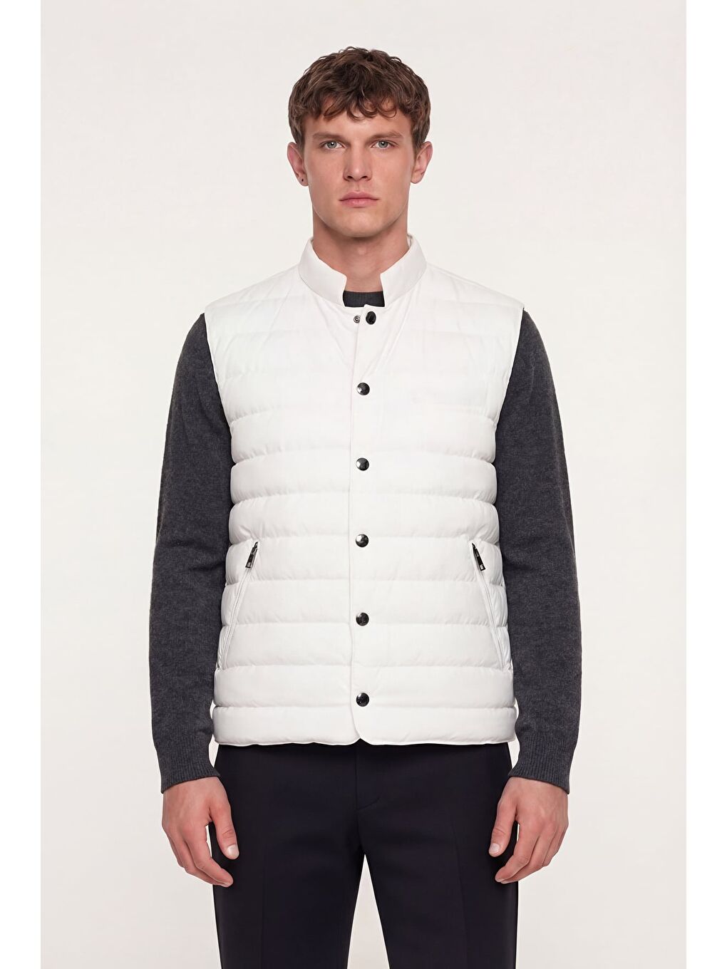 Giotelli Erkek Beyaz Dar Kesim Slim Fit Dokuma 6 Drop Bomber Yelek