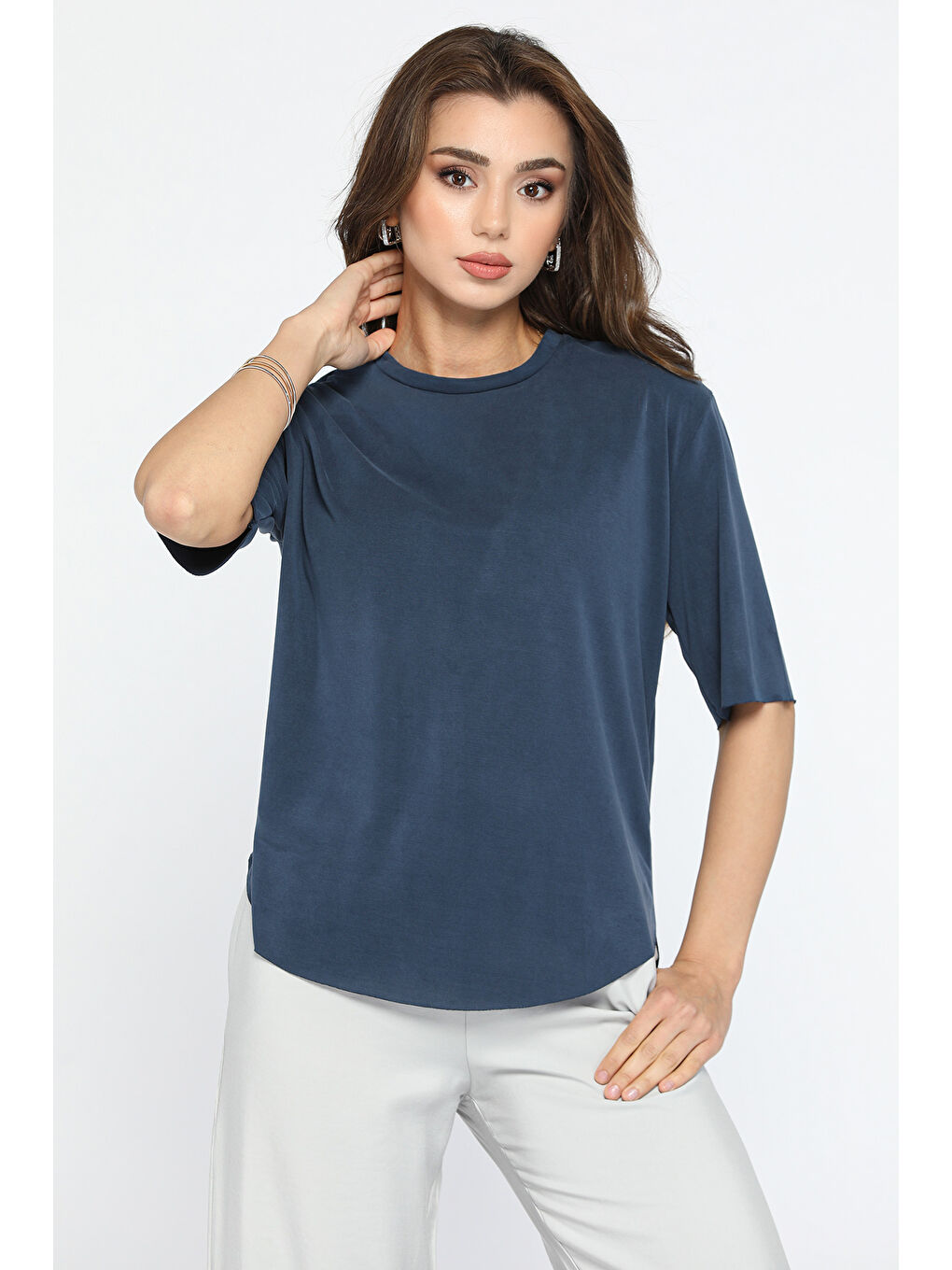 Lacivert Bisiklet Yaka Lazer Kesim Salaş Tişört-1