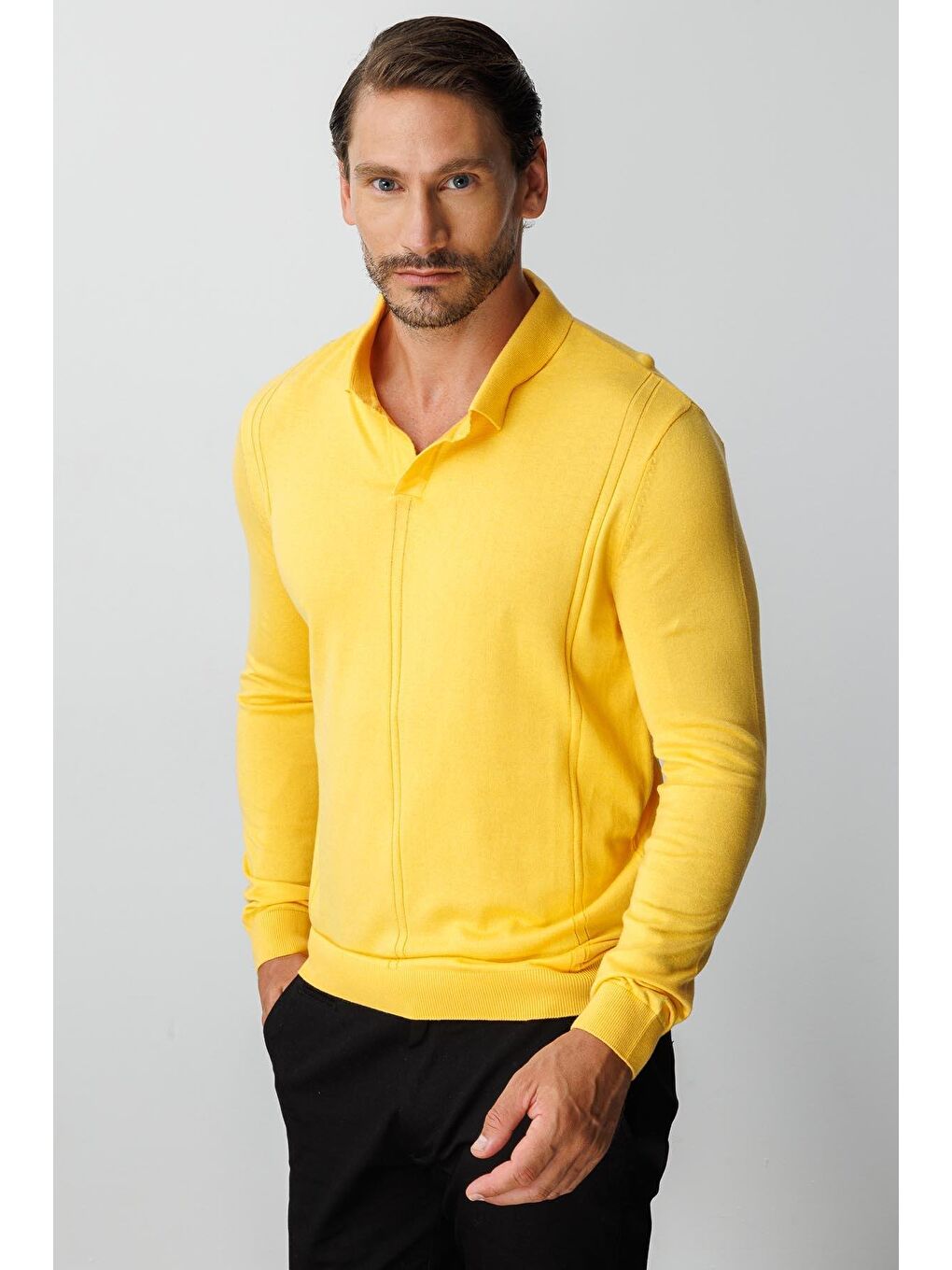 Sarı Polo Yaka Düz Uzun Kollu Triko