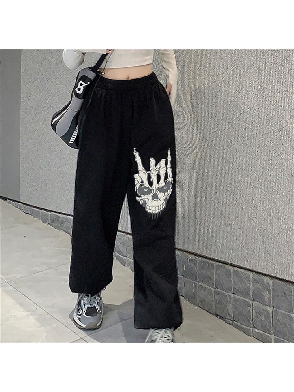 Touz Moda Siyah Gothic Skull Hand Baskılı Oversize Unisex Siyah Eşofman Altı