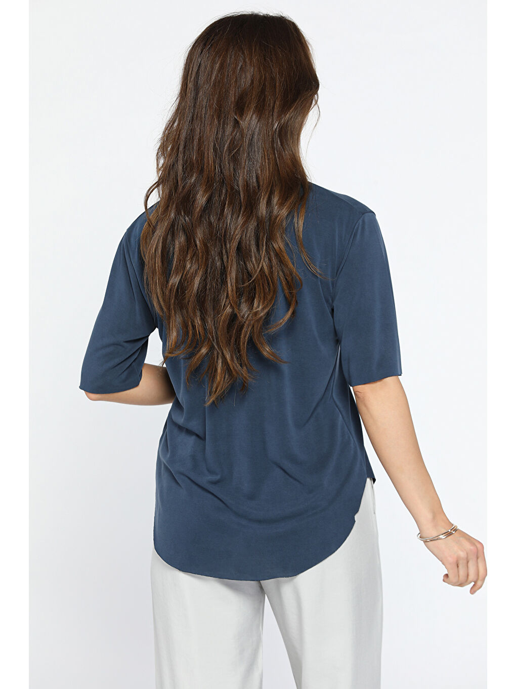 Lacivert Bisiklet Yaka Lazer Kesim Salaş Tişört-4