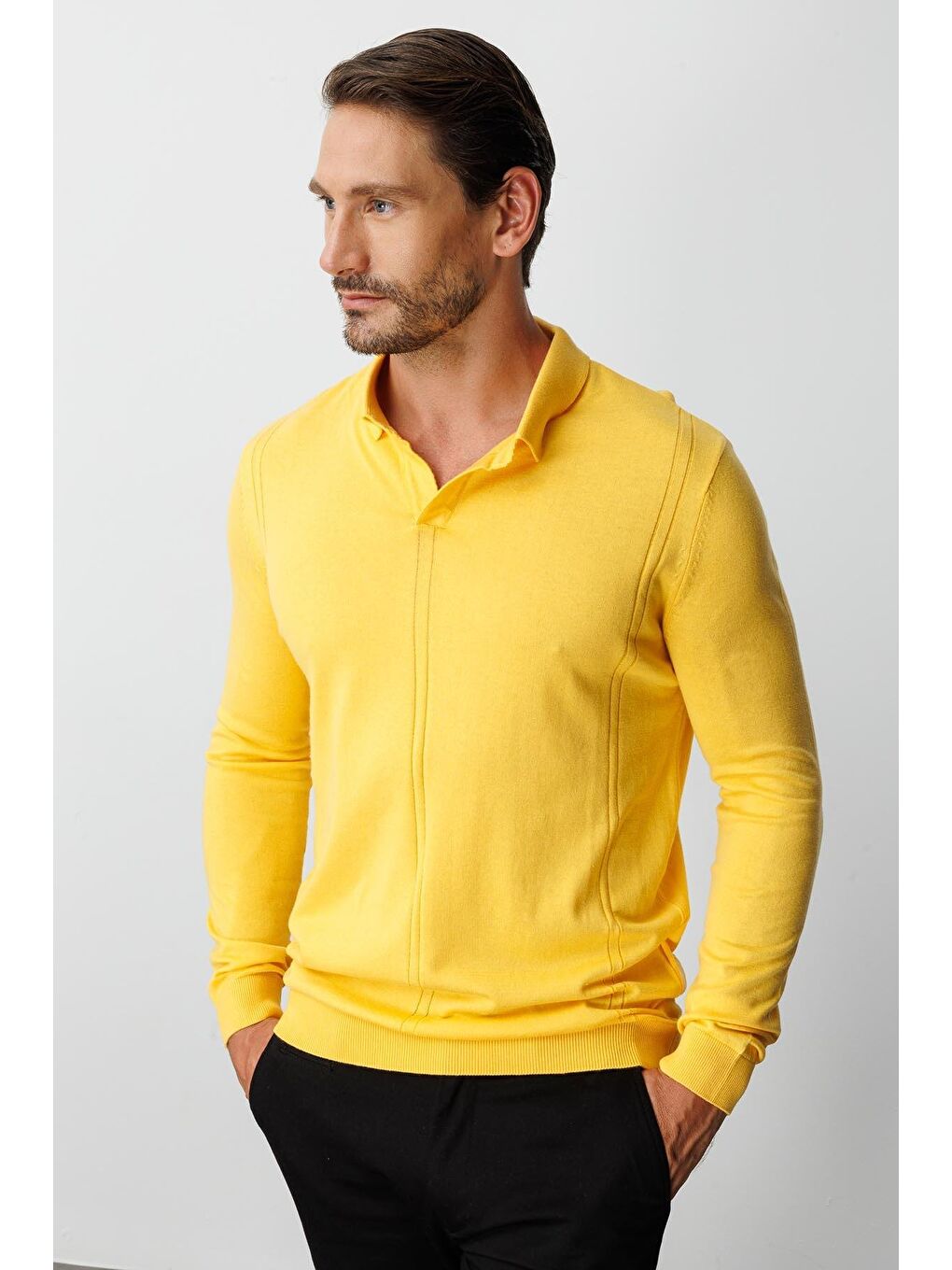 Sarı Polo Yaka Düz Uzun Kollu Triko-1