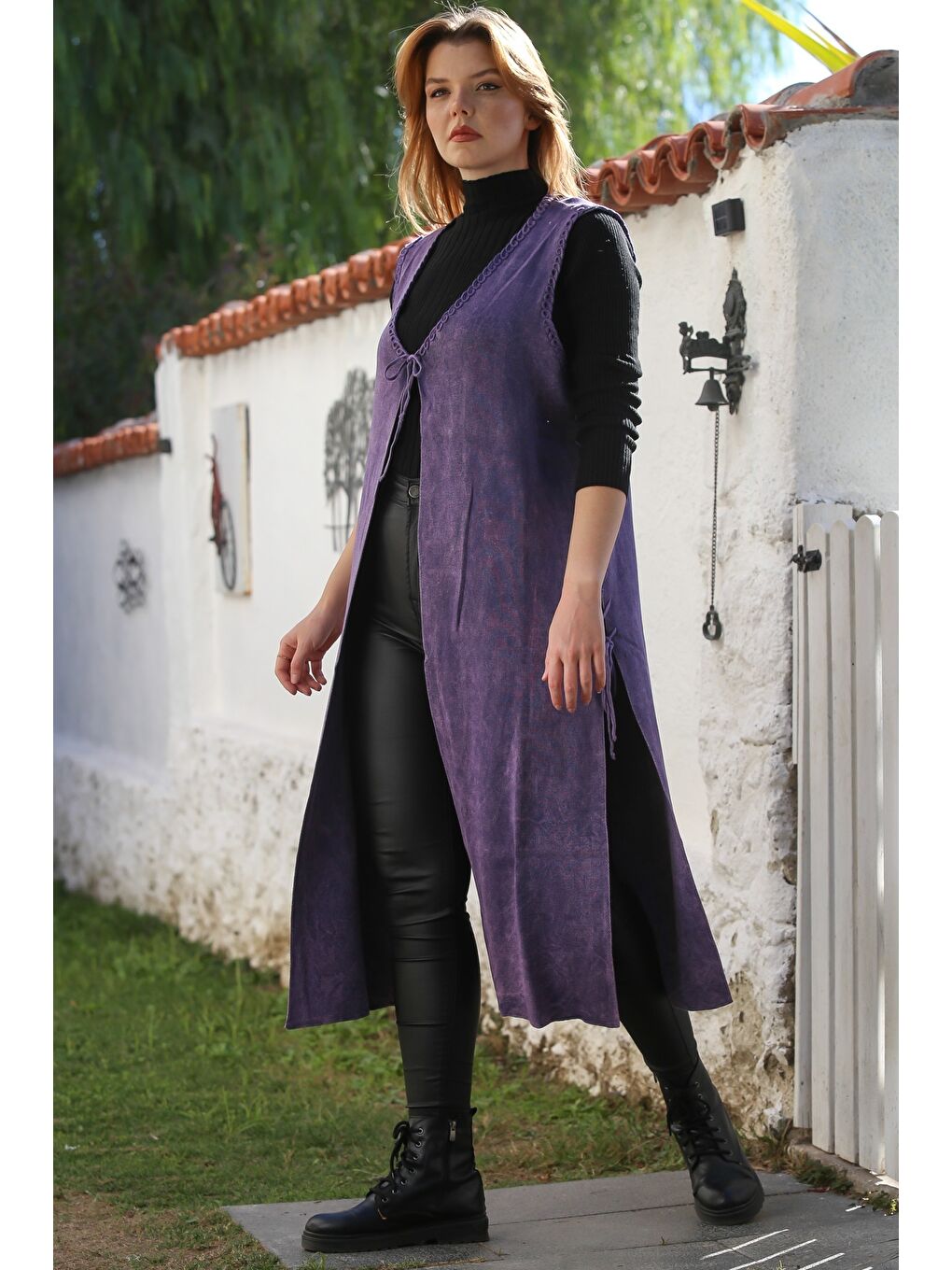 Mor V Yaka Kolsuz Yanları Bağlamalı Casual Uzun Triko Yelek 118 75