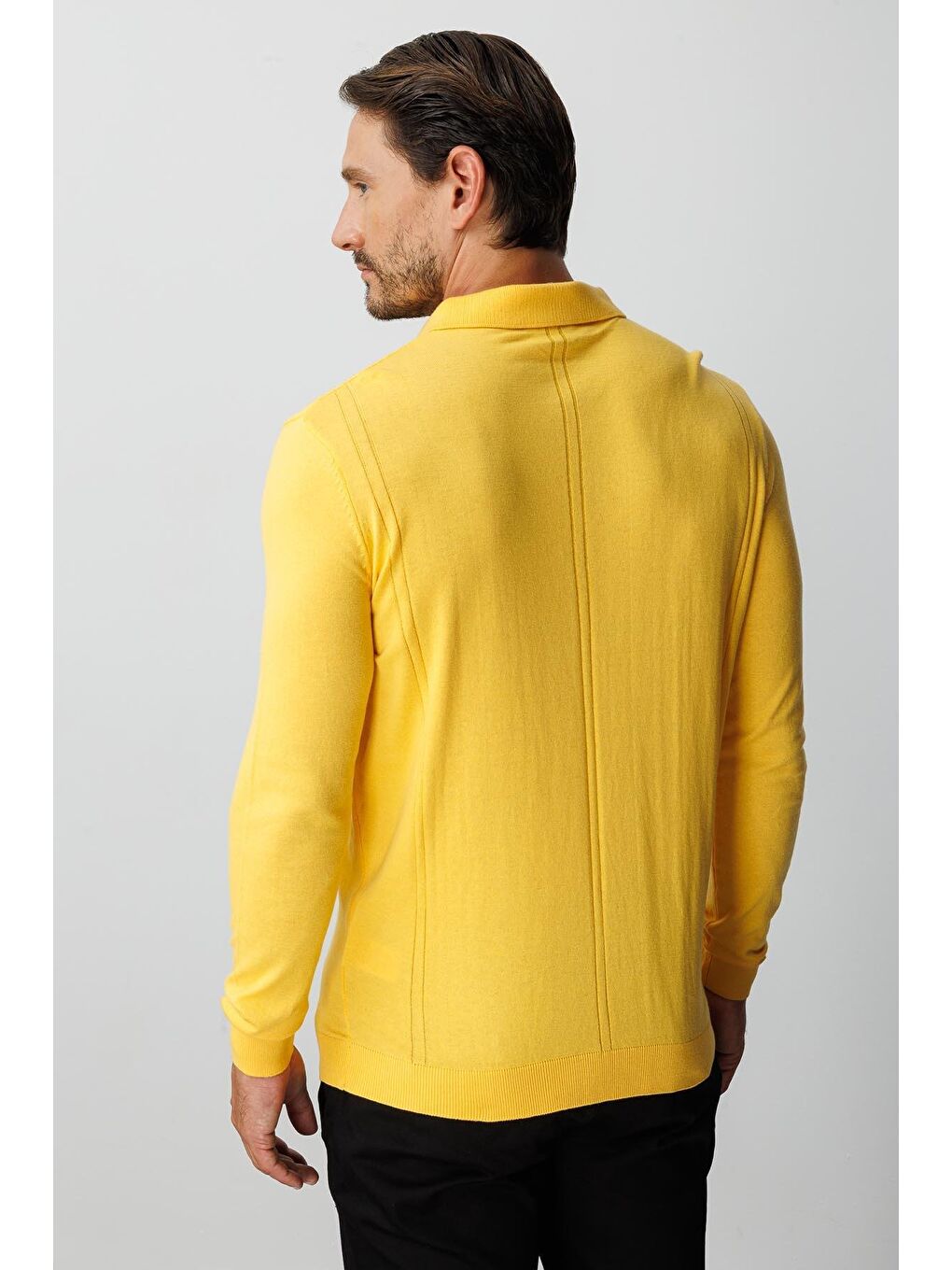 Sarı Polo Yaka Düz Uzun Kollu Triko-3
