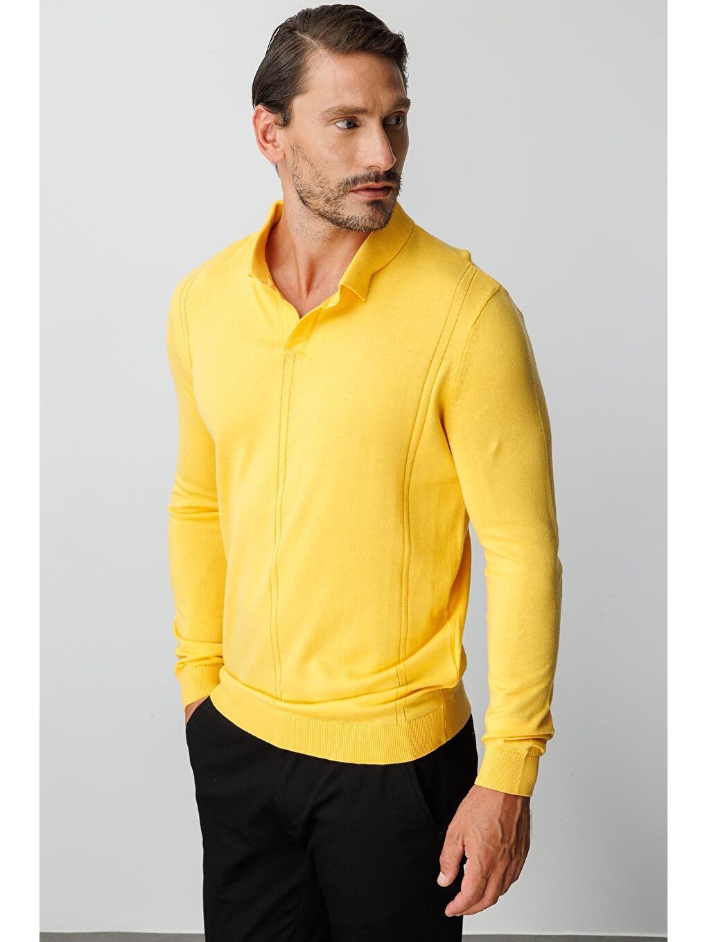 Sarı Polo Yaka Düz Uzun Kollu Triko-4
