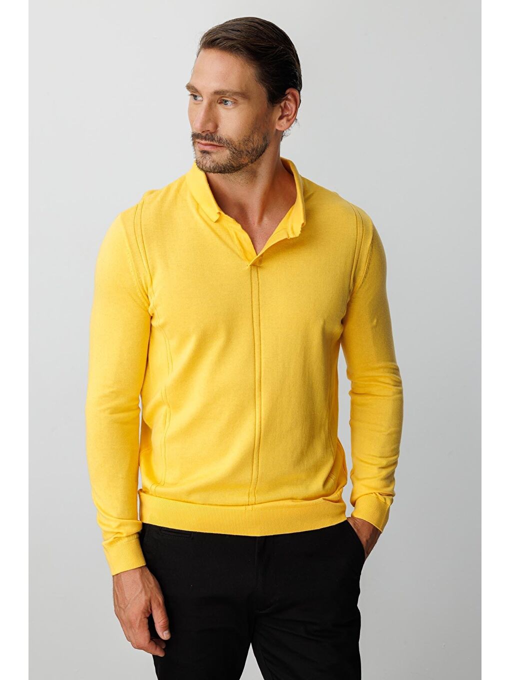Sarı Polo Yaka Düz Uzun Kollu Triko-5