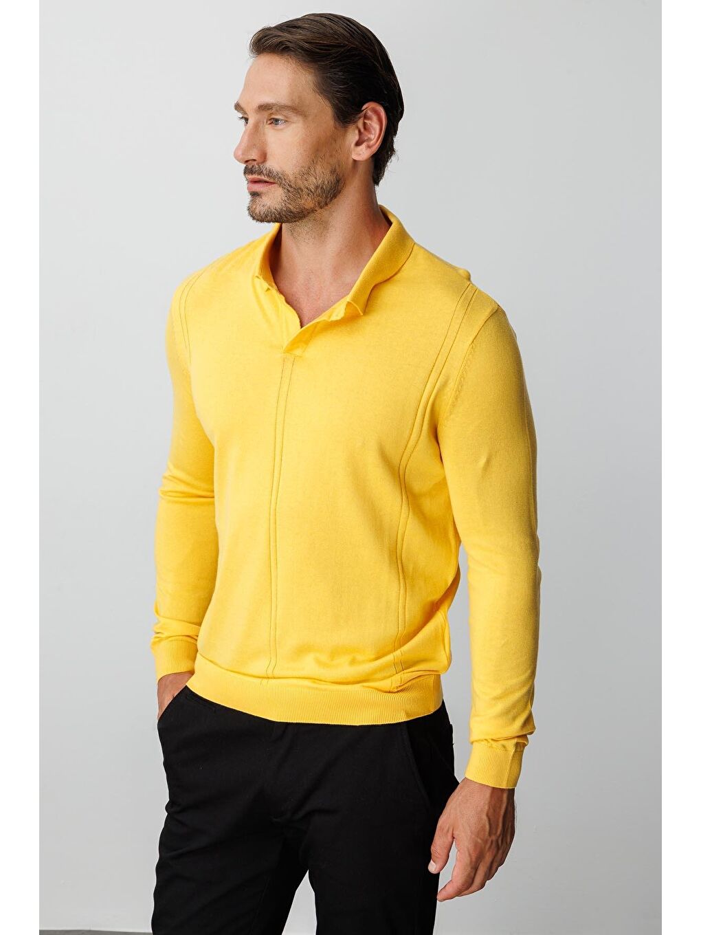 Sarı Polo Yaka Düz Uzun Kollu Triko-6