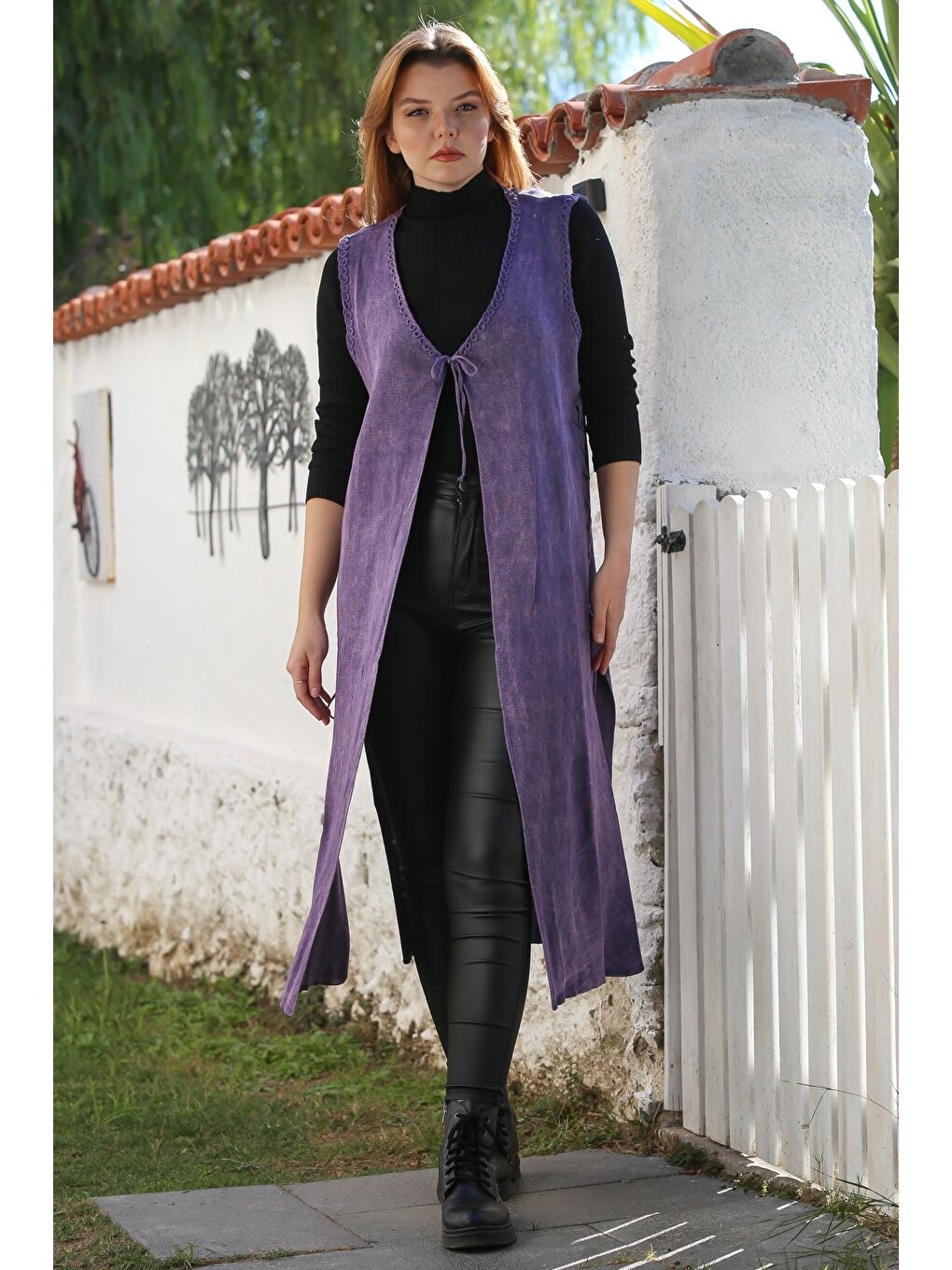Mor V Yaka Kolsuz Yanları Bağlamalı Casual Uzun Triko Yelek 118 75-2