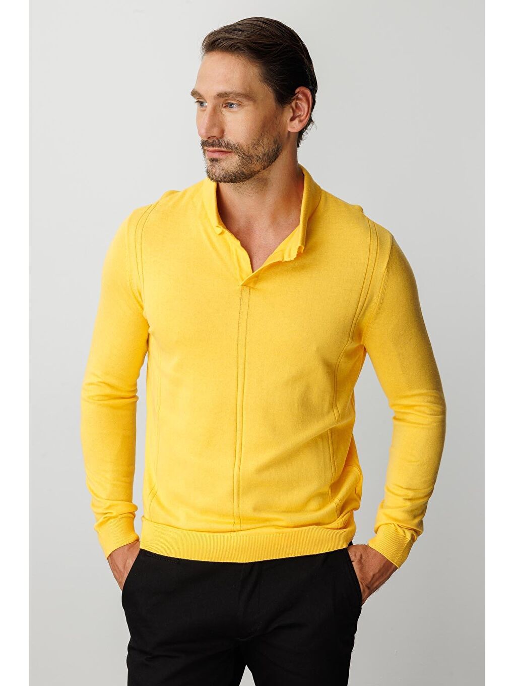Sarı Polo Yaka Düz Uzun Kollu Triko-7