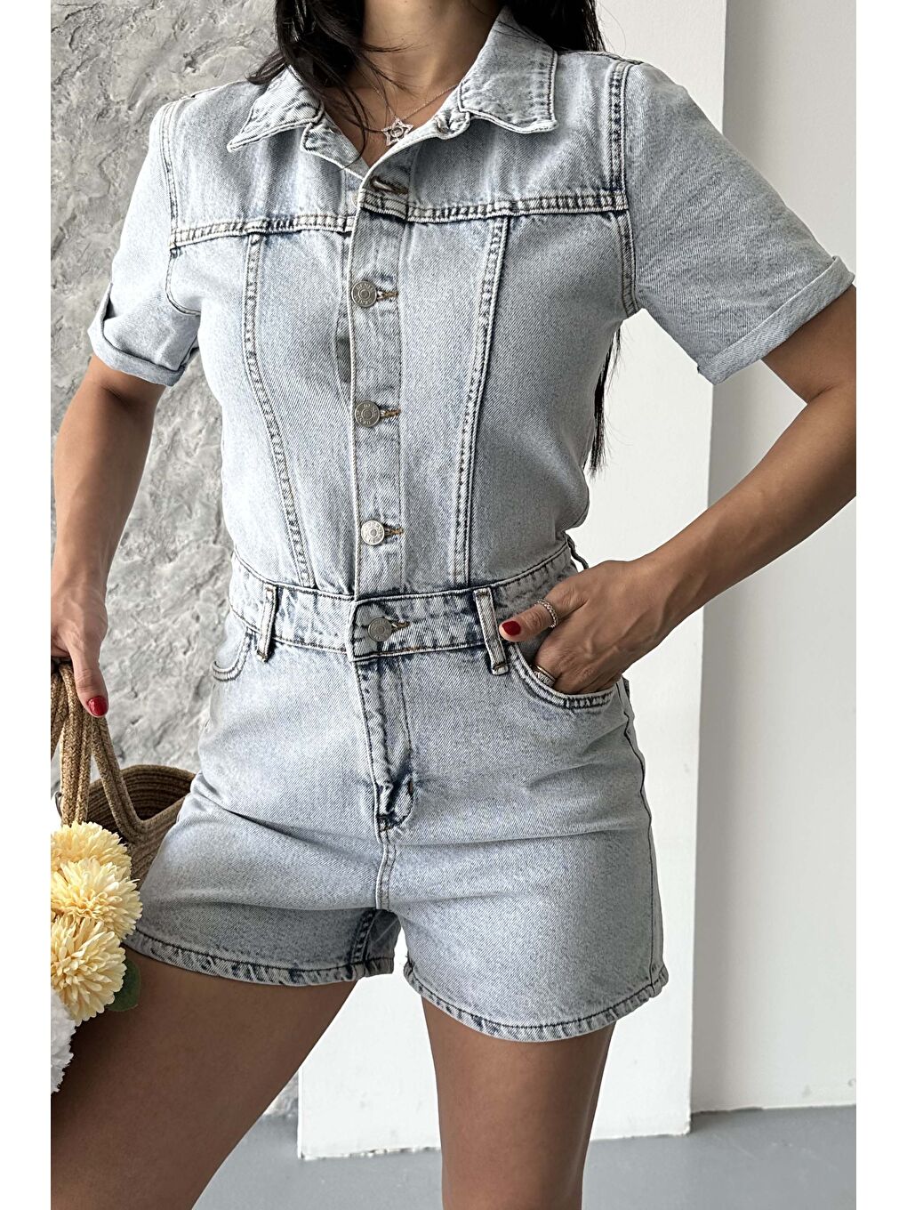 Kısa Şortlu Salopet Buz Mavi - 27295-2