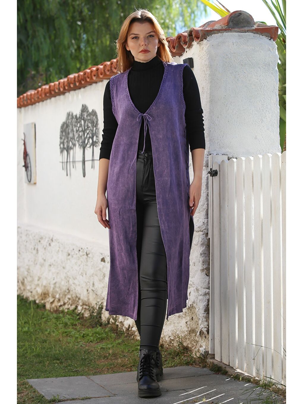 Mor V Yaka Kolsuz Yanları Bağlamalı Casual Uzun Triko Yelek 118 75-3