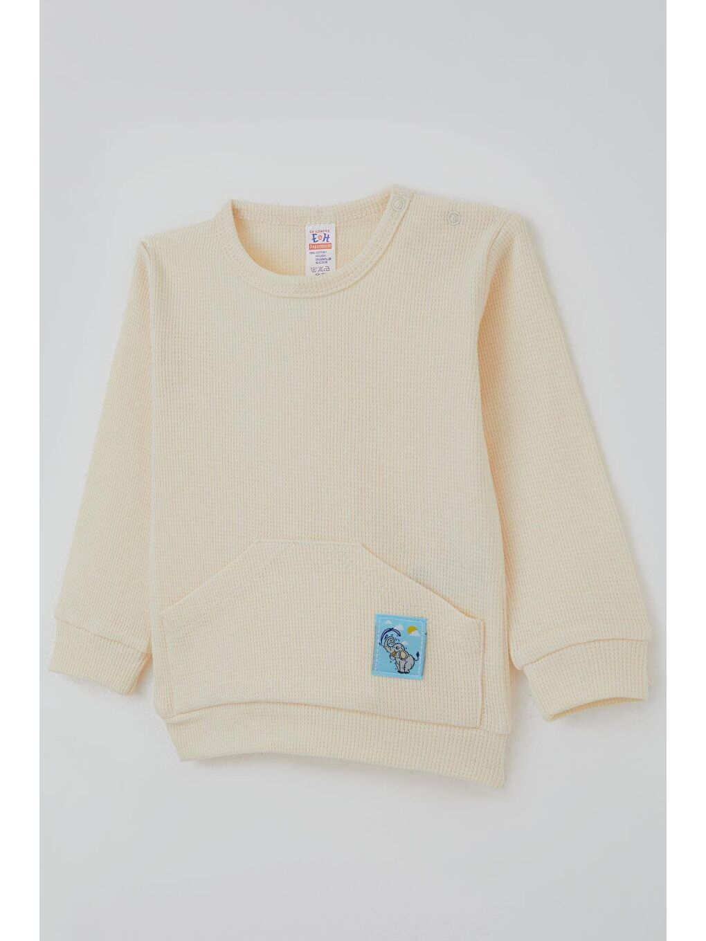 Ekru Erkek Bebek Pijama Takımı Omuzdan Patlı Kanguru Cepli Sevimli Fil Armalı Krem (4 Ay-1 Yaş)-5