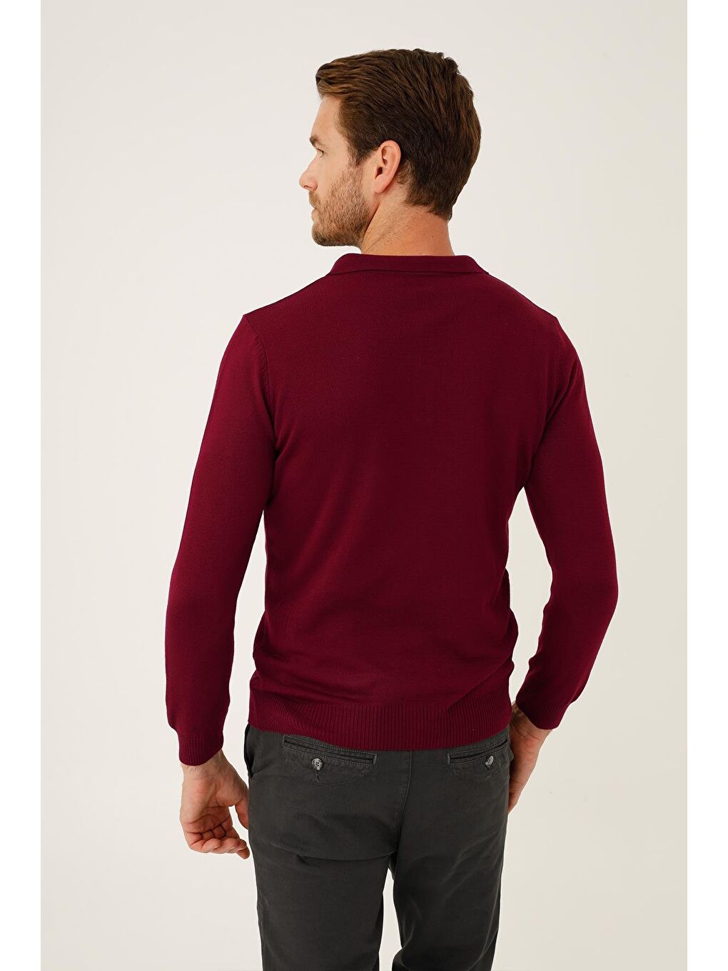 Bordo Dar Kalıp Polo Yaka Düz Uzun Kollu Triko-1