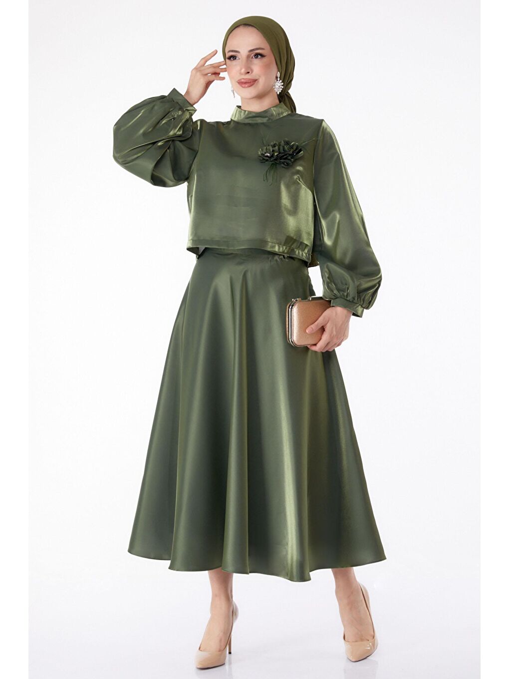 Hakim Yaka Kadın Haki Saten Abiye Elbise - 25278-1