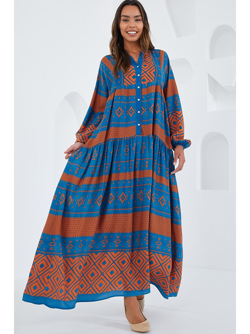 Kadın Petrol Kiremit Viskon Tesettür Elbise 2423