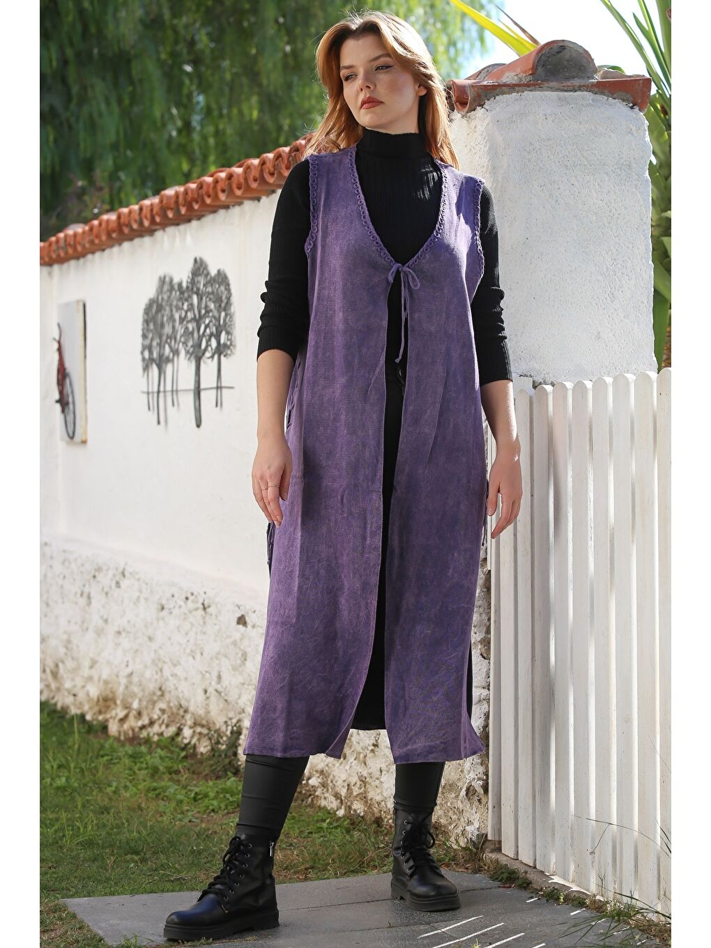 Mor V Yaka Kolsuz Yanları Bağlamalı Casual Uzun Triko Yelek 118 75-4
