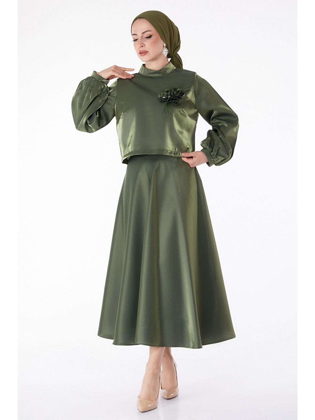 Hakim Yaka Kadın Haki Saten Abiye Elbise - 25278-2