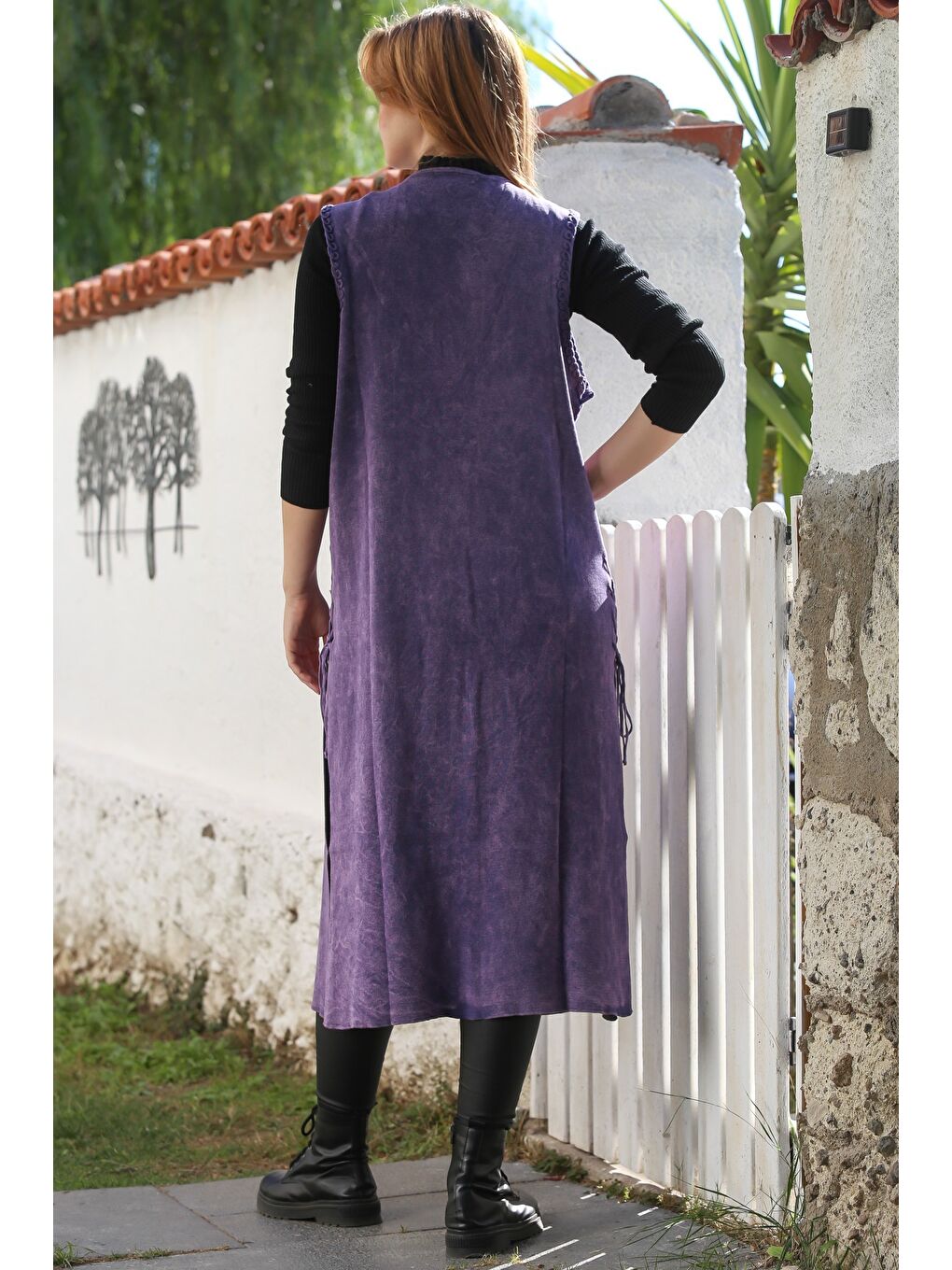 Mor V Yaka Kolsuz Yanları Bağlamalı Casual Uzun Triko Yelek 118 75-6