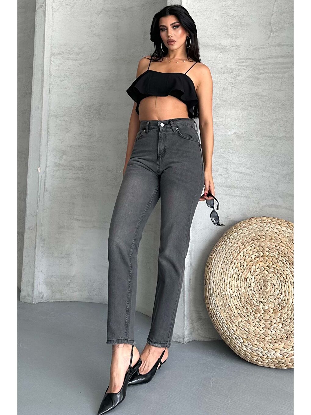 Gri Mom Jean Pantolon Füme - 27302