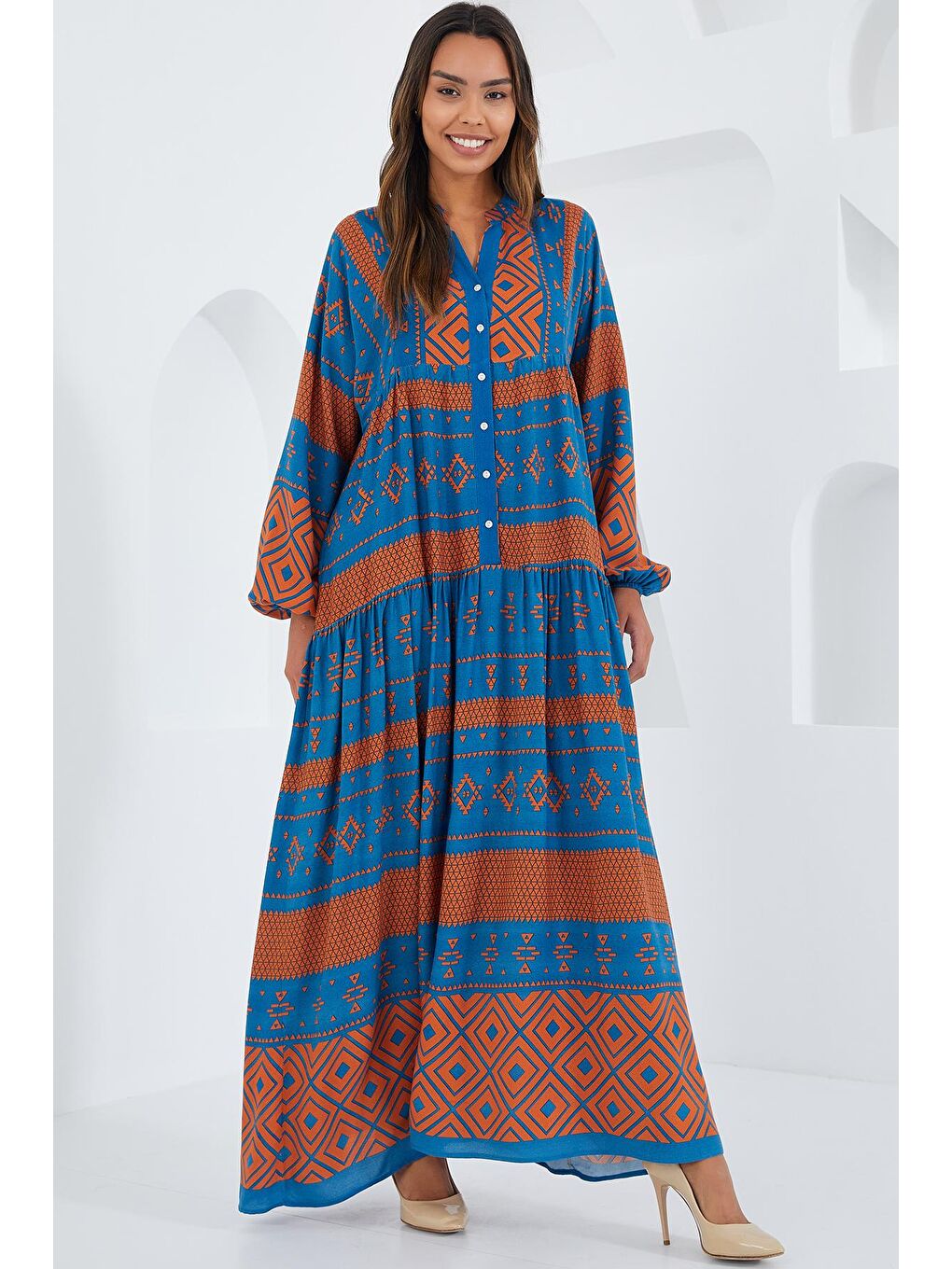 Kadın Petrol Kiremit Viskon Tesettür Elbise 2423-2