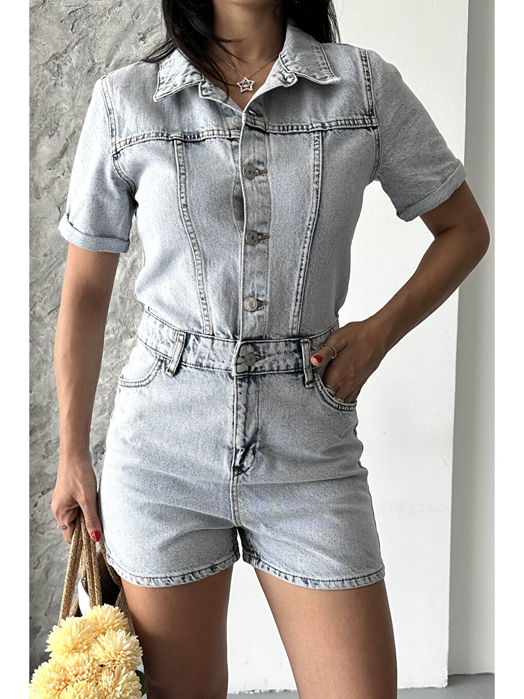 Kısa Şortlu Salopet Buz Mavi - 27295-4