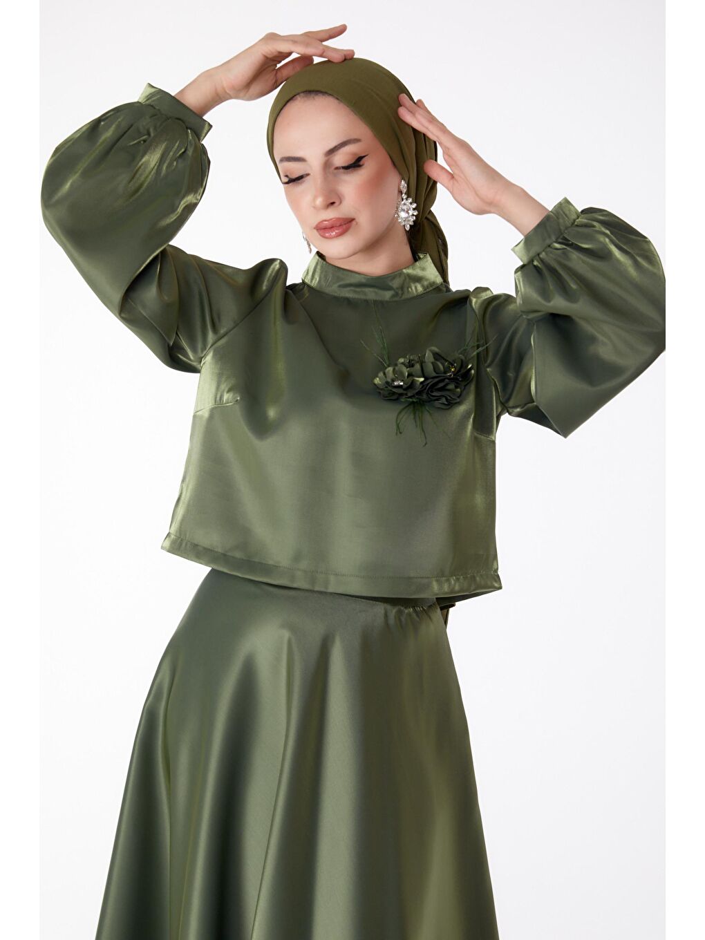 Hakim Yaka Kadın Haki Saten Abiye Elbise - 25278-3