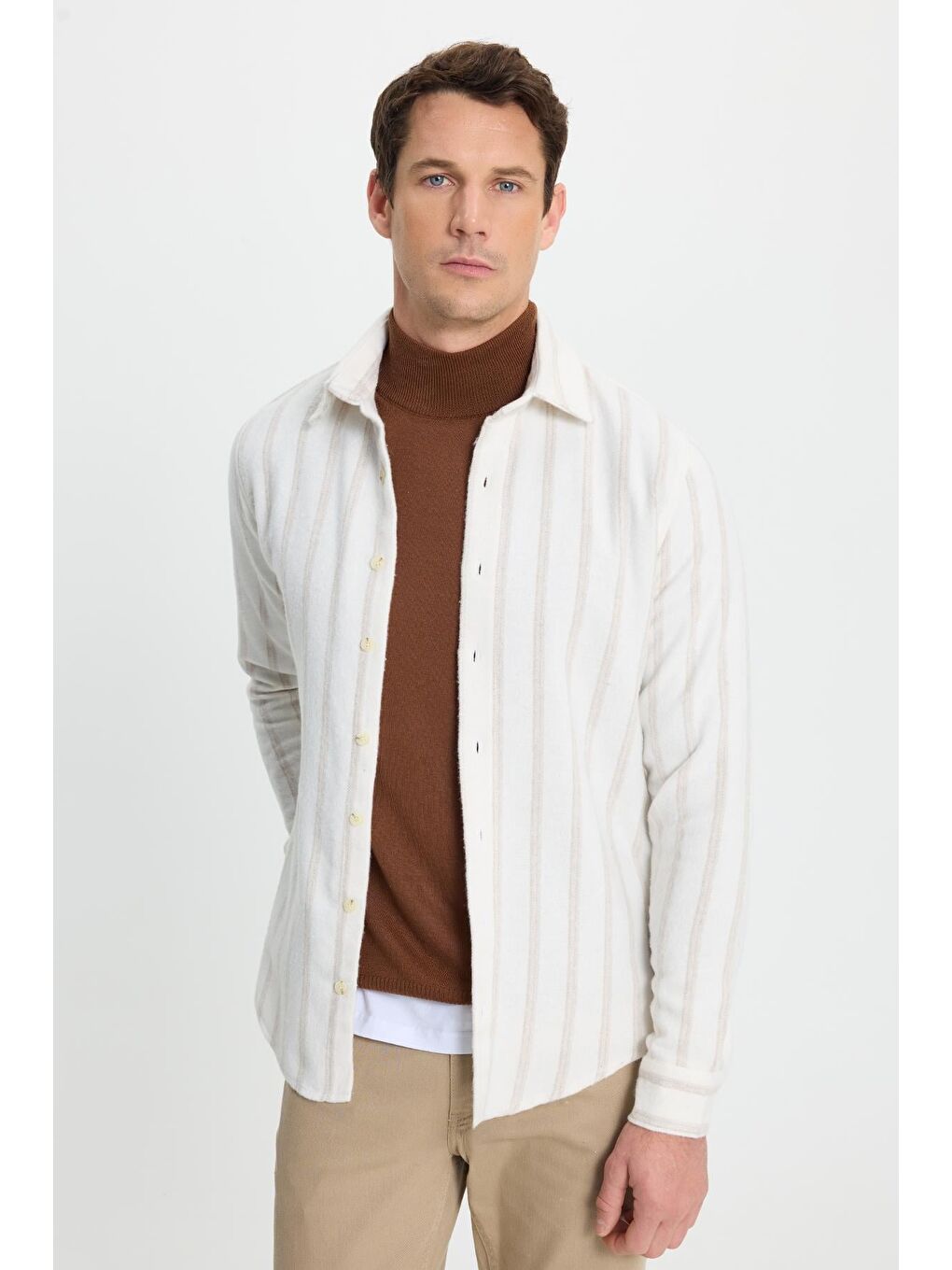 Karışık Erkek Slim Fit Dar Kesim Yaka  Düğmeli Çizgili Oduncu Gömlek-4