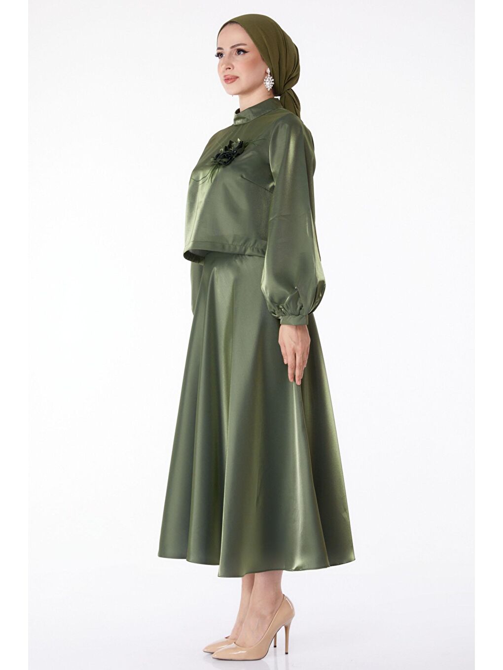 Hakim Yaka Kadın Haki Saten Abiye Elbise - 25278-4