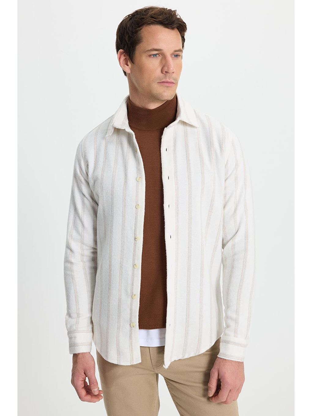 Karışık Erkek Slim Fit Dar Kesim Yaka  Düğmeli Çizgili Oduncu Gömlek-5