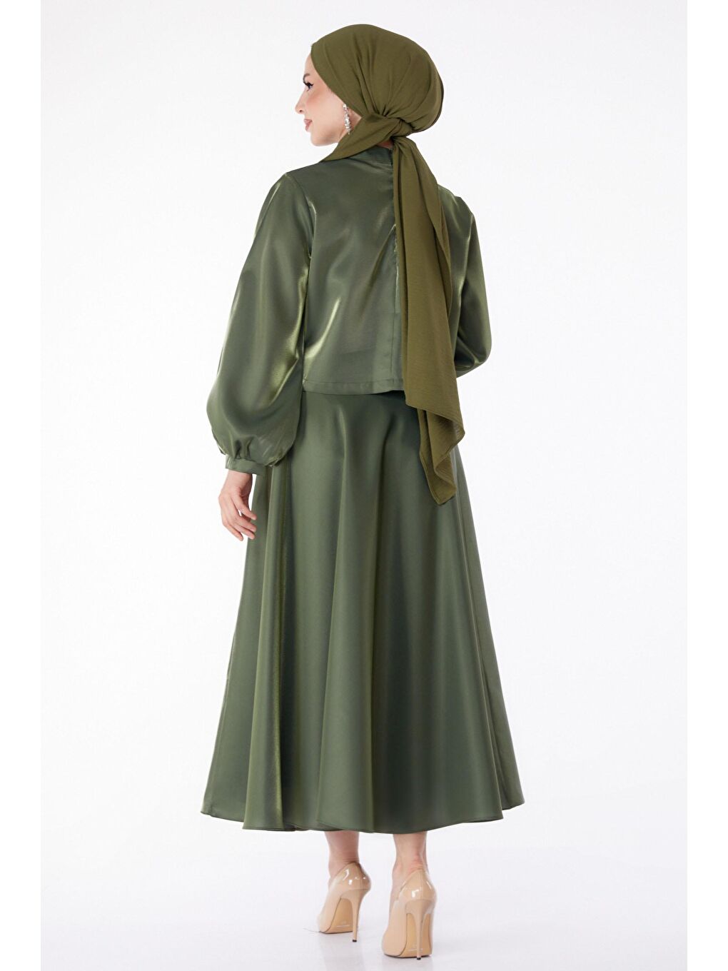 Hakim Yaka Kadın Haki Saten Abiye Elbise - 25278-5