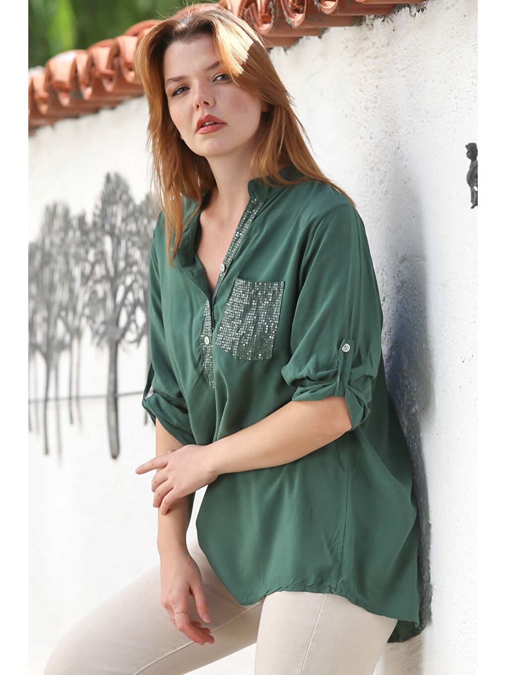 İtalyan Koyu Yeşil Hakim Yaka Düğmeli Uzun Kollu Pullu Cepli Casual Dokuma Bluz 72 65-3