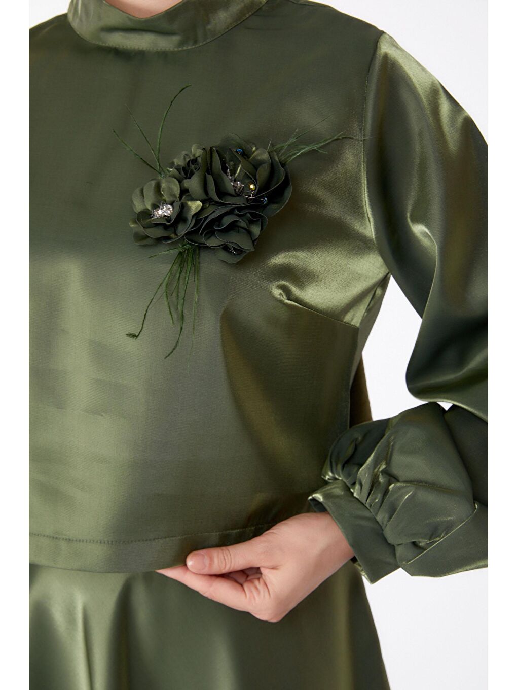 Hakim Yaka Kadın Haki Saten Abiye Elbise - 25278-6