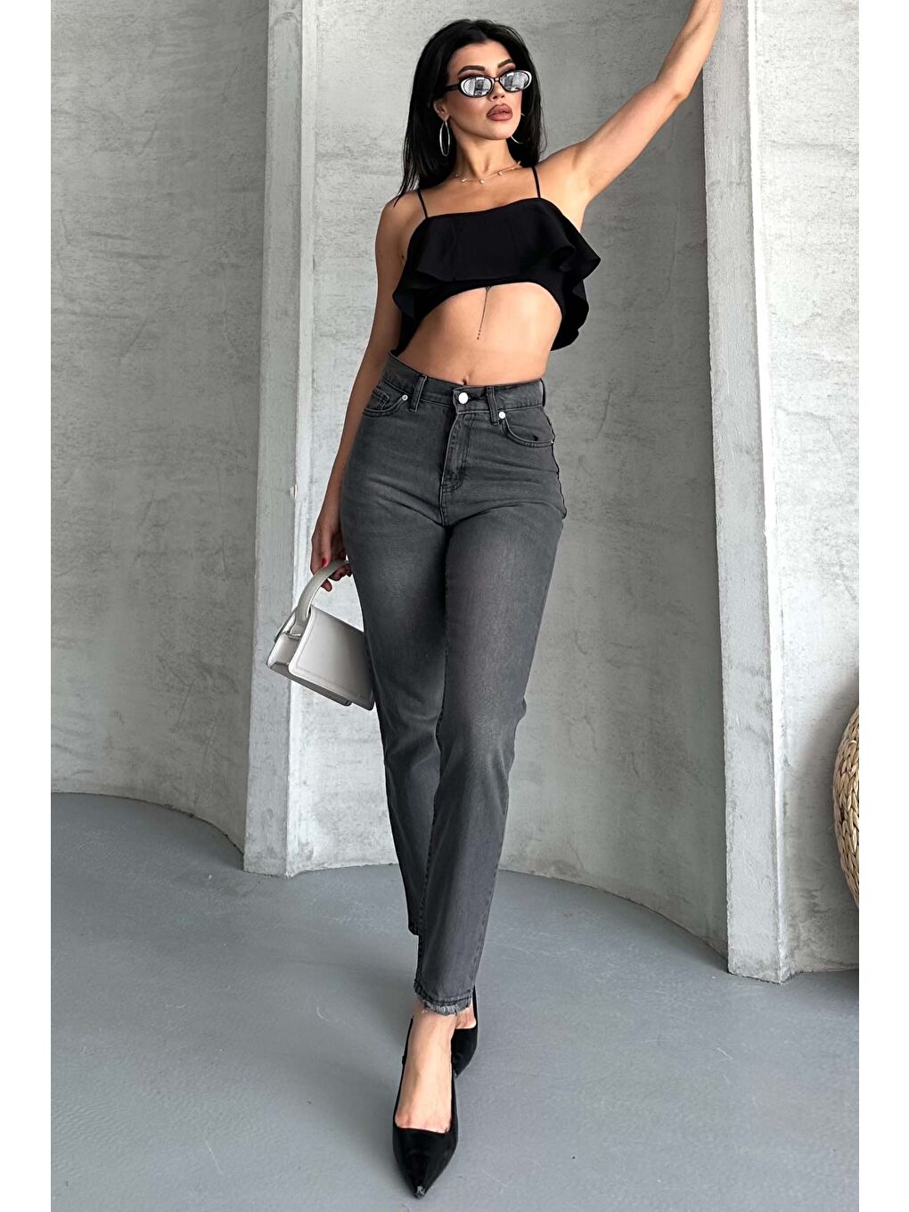 Gri Mom Jean Pantolon Füme - 27302-3