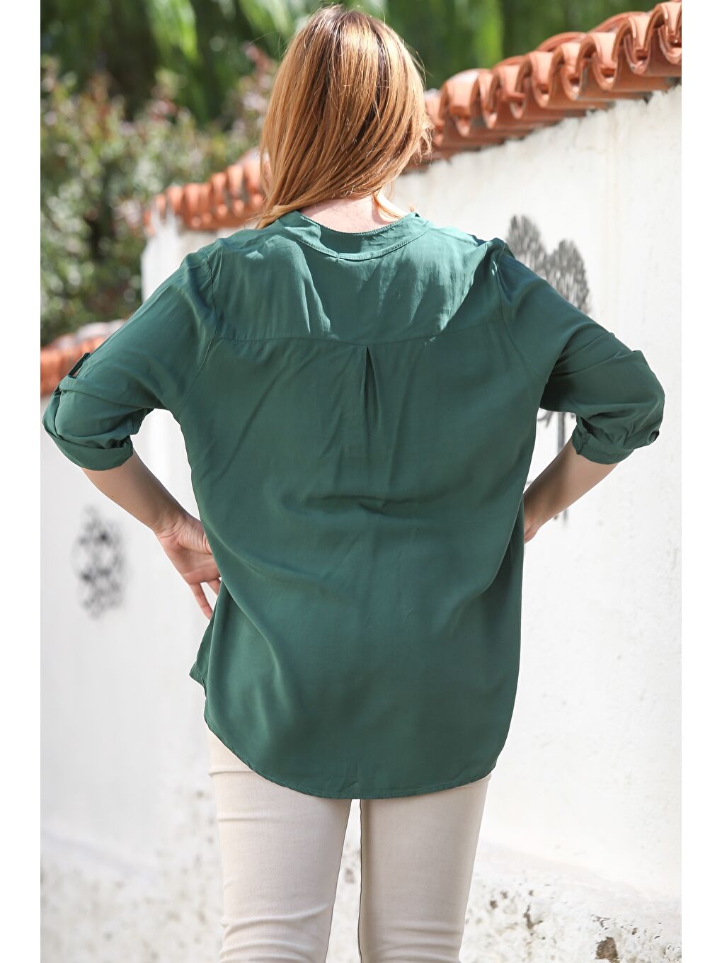 İtalyan Koyu Yeşil Hakim Yaka Düğmeli Uzun Kollu Pullu Cepli Casual Dokuma Bluz 72 65-5