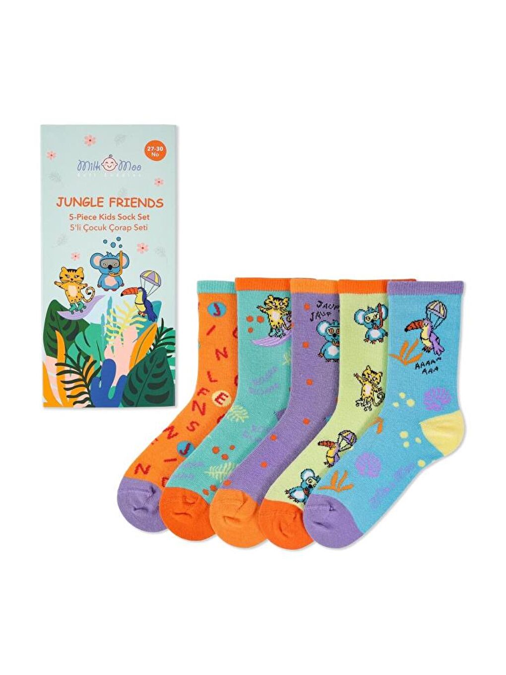 Yeşil Jungle Friends Çocuk Çorap Seti 5'li, Beden 27-30, Yumuşak ve Dayanıklı Kumaş