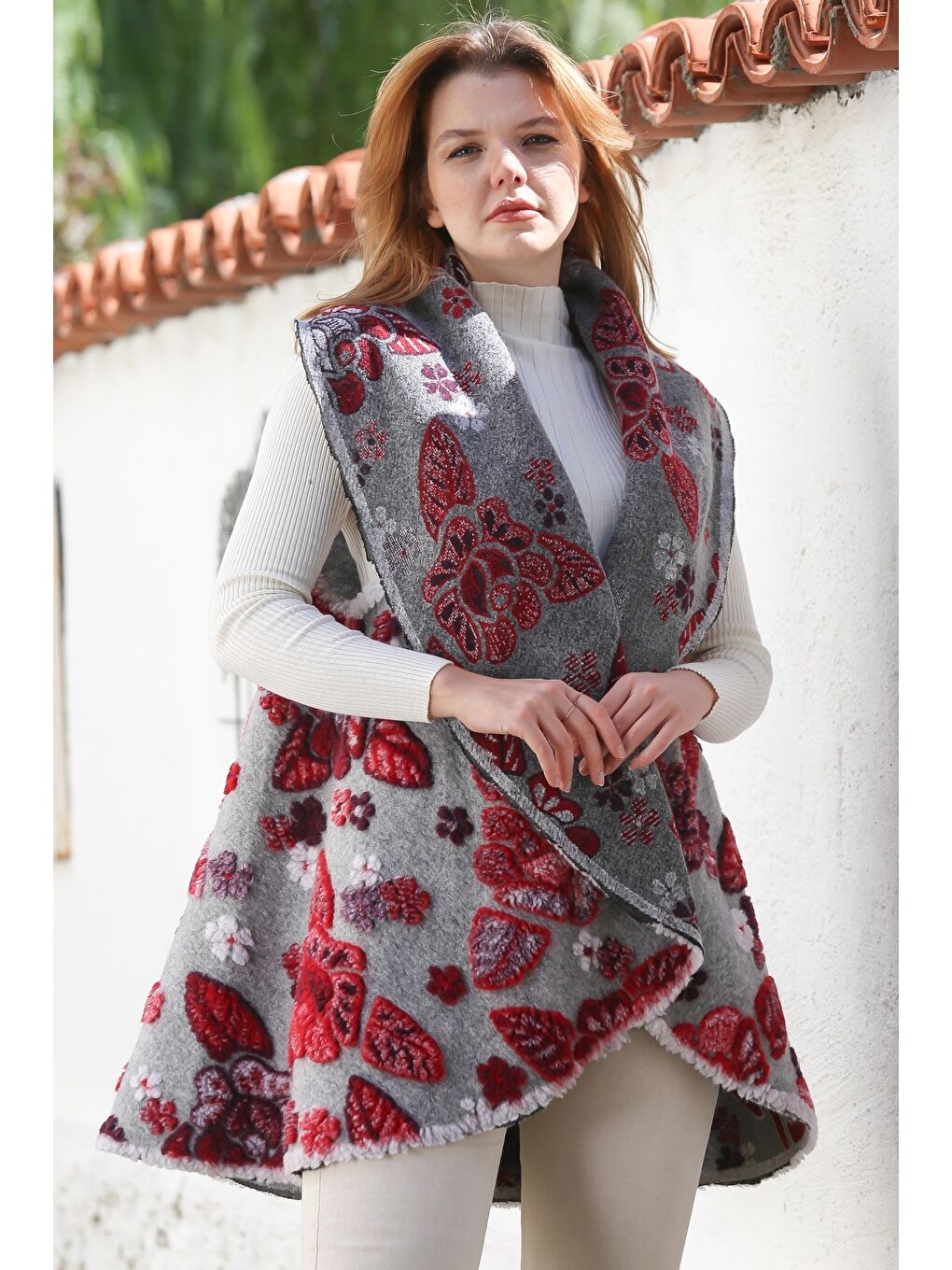 İtalyan Gri Şal Yaka Kolsuz Çiçekli Casual Keçe Kumaş Dokuma Yelek 87 66