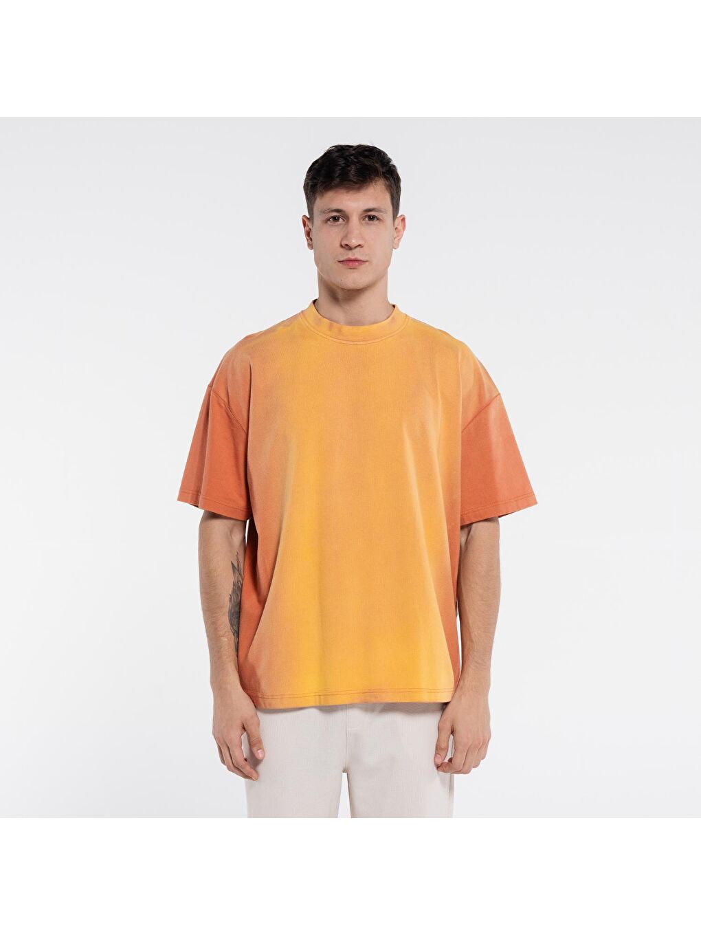 Seyu Erkek Turuncu %100 Pamuk Yıkamalı Ekstra Oversize Bisiklet Yaka Tişört