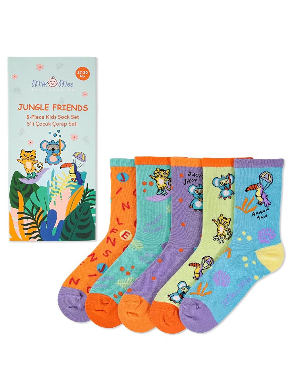 Yeşil Jungle Friends Çocuk Çorap Seti 5'li, Beden 27-30, Yumuşak ve Dayanıklı Kumaş-8