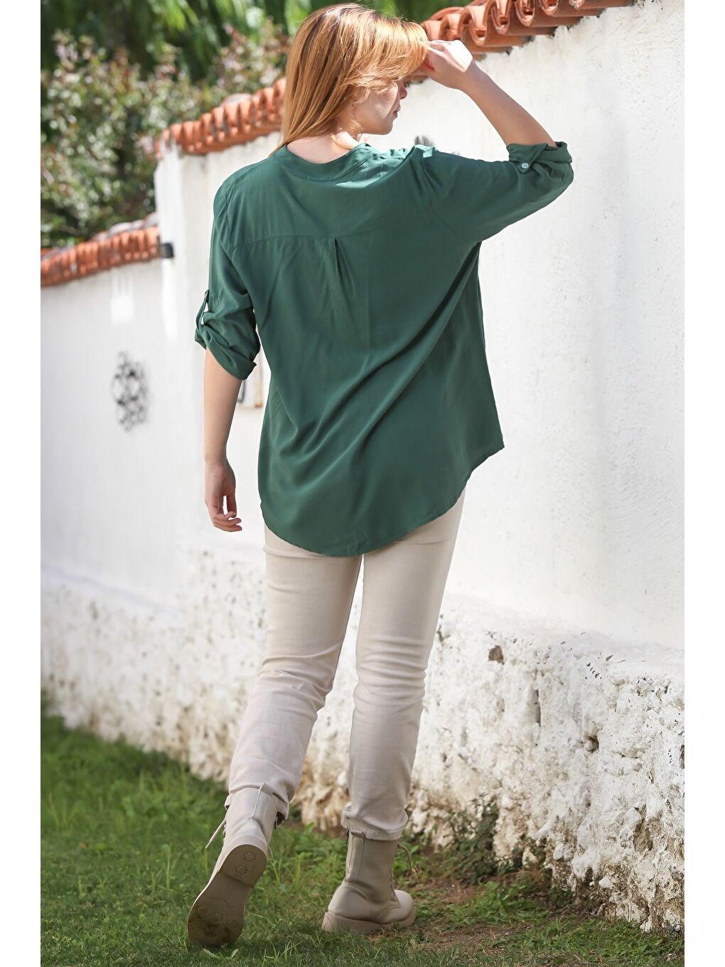 İtalyan Koyu Yeşil Hakim Yaka Düğmeli Uzun Kollu Pullu Cepli Casual Dokuma Bluz 72 65-7