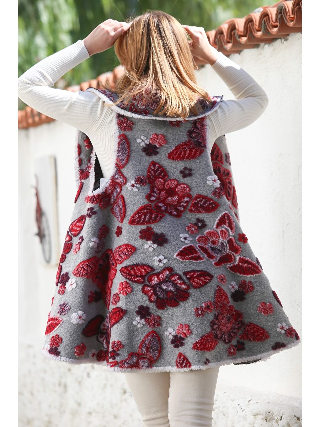 İtalyan Gri Şal Yaka Kolsuz Çiçekli Casual Keçe Kumaş Dokuma Yelek 87 66-1