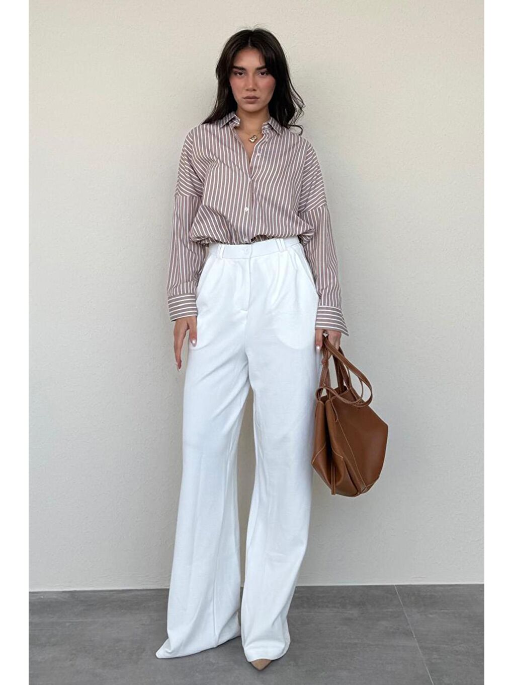 Kahverengi Camel Çizgili Kadın Gömlek Mg2410-1