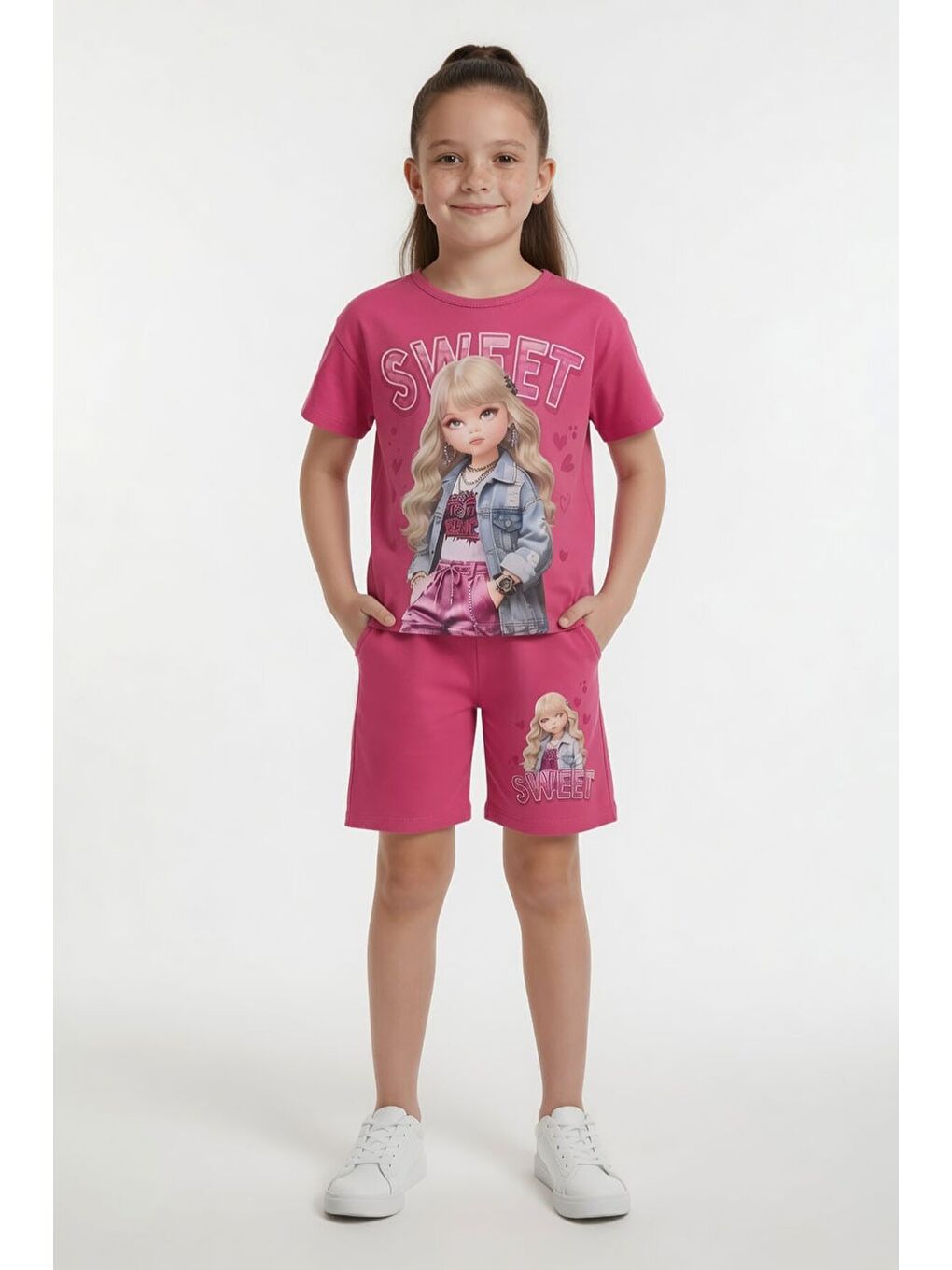 Pembe Sweet Yazılı Karakter Baskılı Kız Çocuk Şortlu 2li Takım 23993